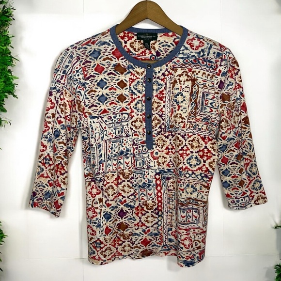Lauren Ralph Lauren Petite M Henley Top Southwestern Boho Print 3/4 Sleeve - Picture 1 of 11